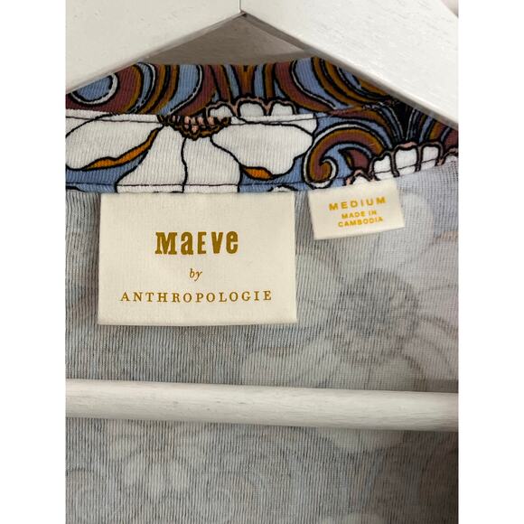 Maeve by Anthropologie Floral Ruched Button-Up Shirt Blue/Brown/White Women's M - Picture 7 of 11